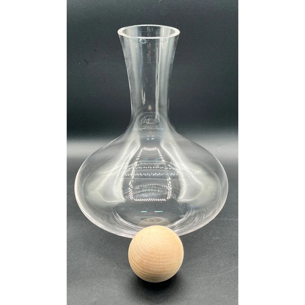 Clear Glass Wine Decanter Spherical-Wood‎ Stopper Wide Base Carafe 10